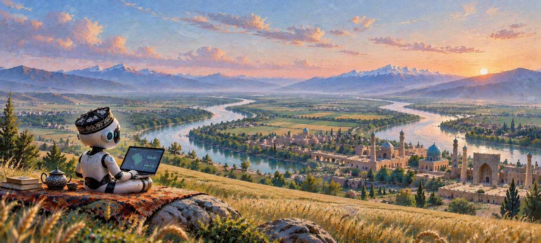 A robot in a skullcap with a laptop sits under a tree above the city: domes, a river and snowy mountains at sunset